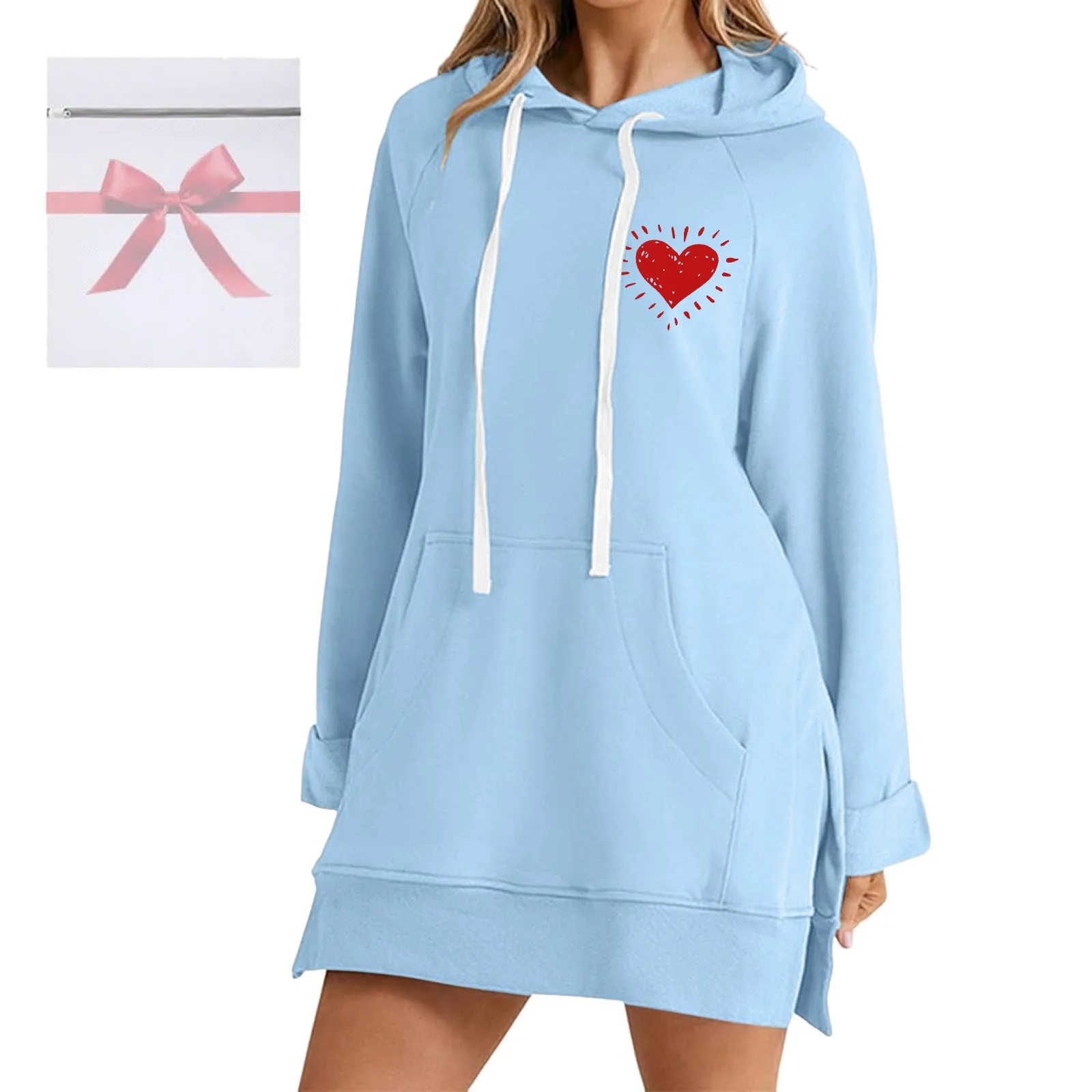 

Valentine'S Day 2025 Autumn Hoodie Women'S Casual Long Sleeved Y2k Sweatshirt Coat Pattern Hooded Solid Color Slit Sweatshirts