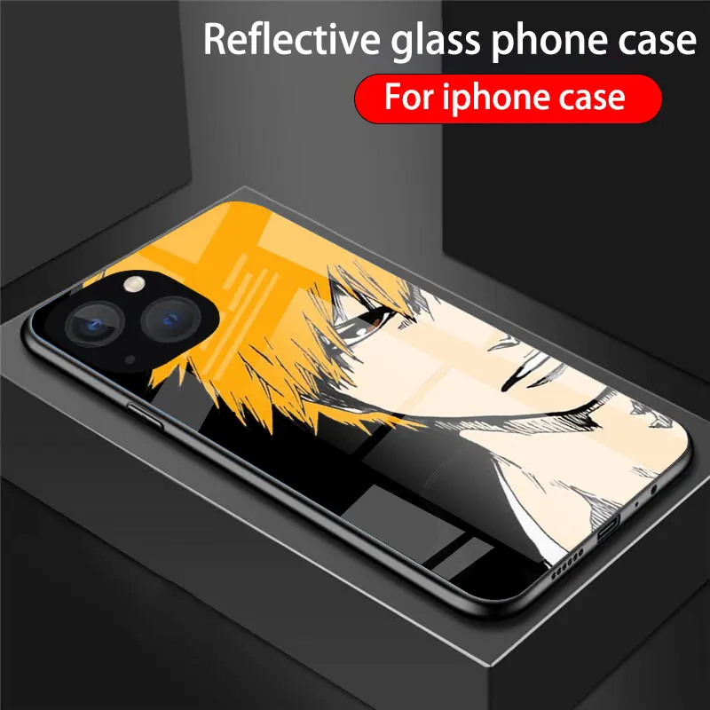 Bleach anime Ichigo Kurosaki  Phone Cover For iPhone 11 12 13 14 Pro Max X XR XSMax 8 14 Plus Black Tempered Glass bumper Case