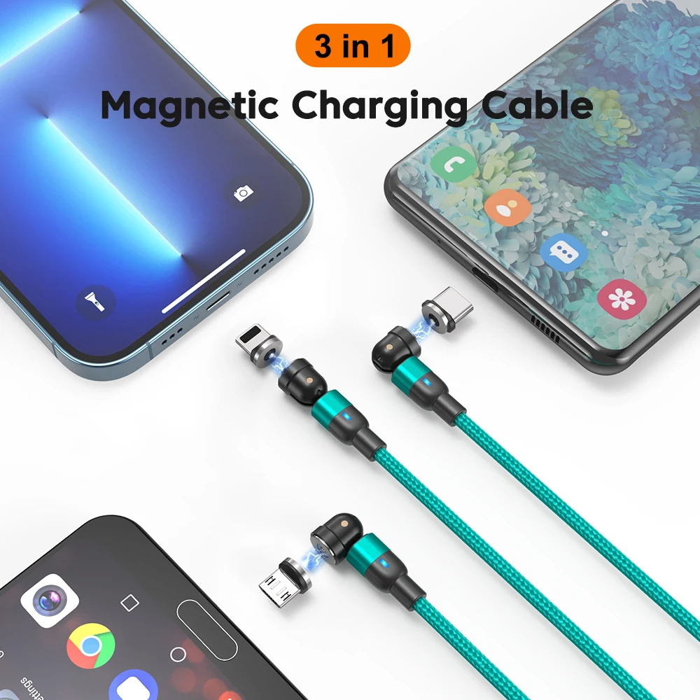 Cabo magnético ausu 3m 540, carregador magnético giratório, micro usb tipo c, cabo de fio para celular, para iphone, samsung, xiaomi, redmi