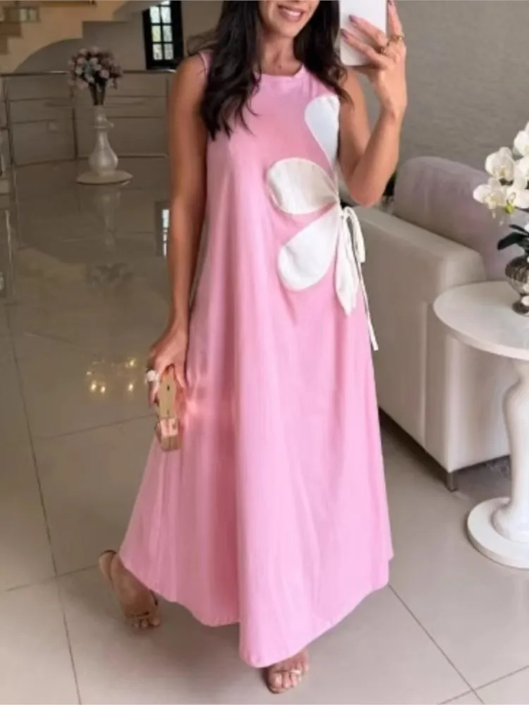 Casual Flower Print Dress Summer Temperament Commuting Women's Robe Fashion Round Neck Lace Up Beach Vacation Long Dresses 2025