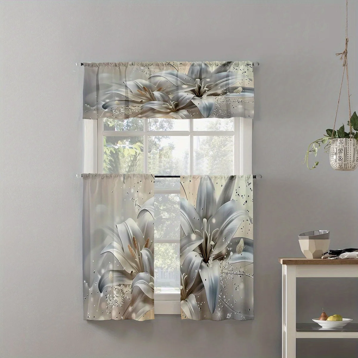  Champagne 3D White Lily Glitter Sparkle Print Kitchen Curtain, Rod Pocket Tiers for Luxury Modern Kitchen Home Decor