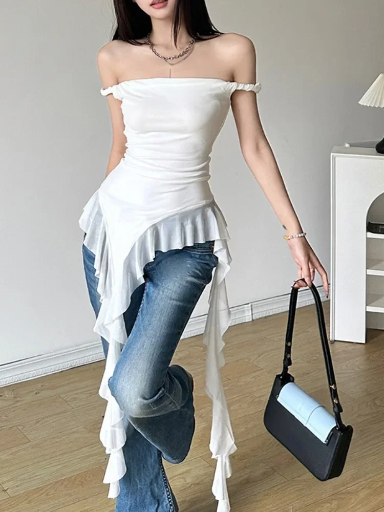 2024 Slash Neck Harajuku Fairy t-shirt Solid senza maniche Slim Fit Grunge top donna Y2k estetica irregolare arruffato Summer Tees