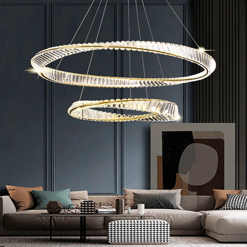 Modern K9 Crystal Lustre Ceiling Chandelier Plated Steel Gold Irregular Ring Pendant Lamp Led Dimmable Living Room Hanging Light