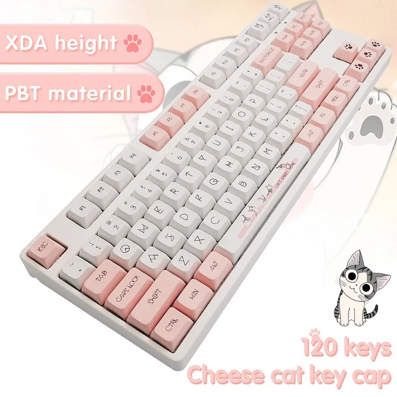 Teclas Pbt de 120 teclas Xda, teclas de teclado altamente mecánicas, patrón de gato, teclas personalizadas, teclas bonitas de gato y queso