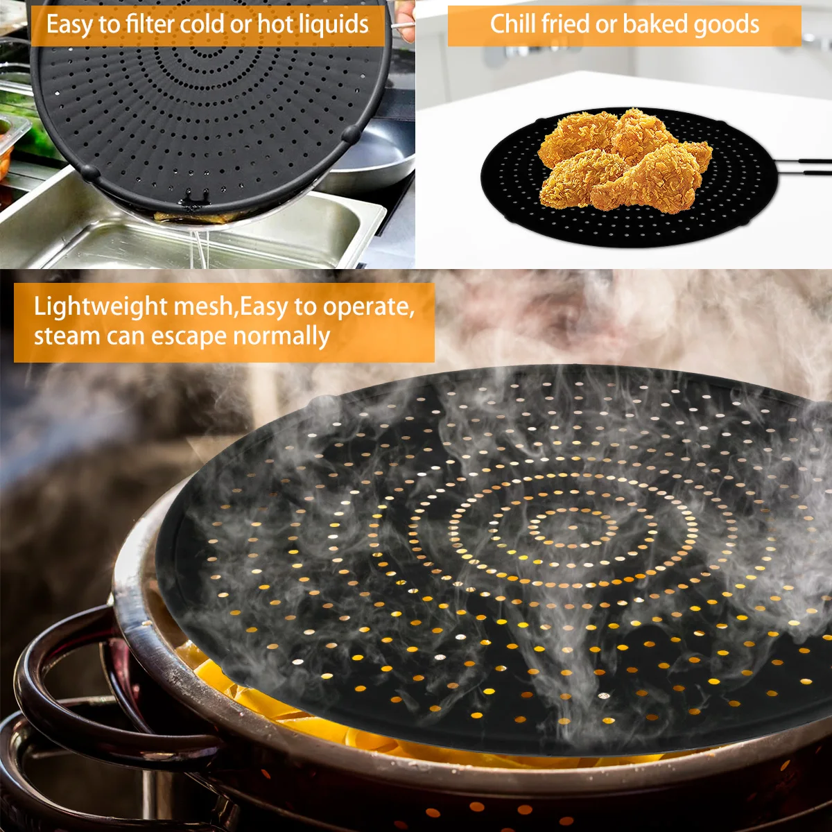 Kitchen Silicone Splatter Screen Foldable Handle Heat-resisting Oil Splash Guard Drain Board Cover Frying Pan Lid Cooking Tools