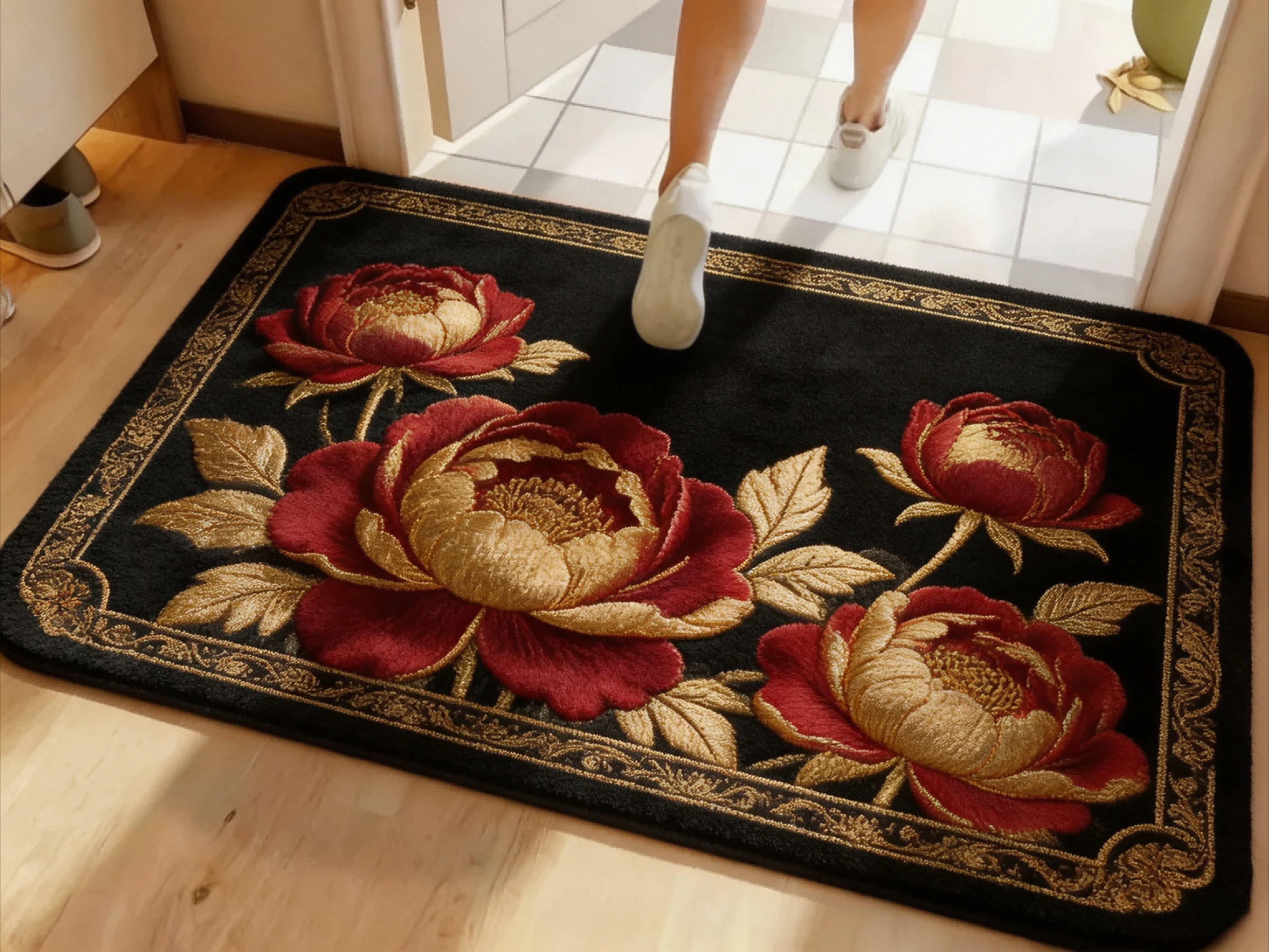 Vintage Floral Theme Area Rug Red Rose Bouquet Golden Bow Oil Painting Graphic Romantic Flower Art Design Rug for Room  Decor