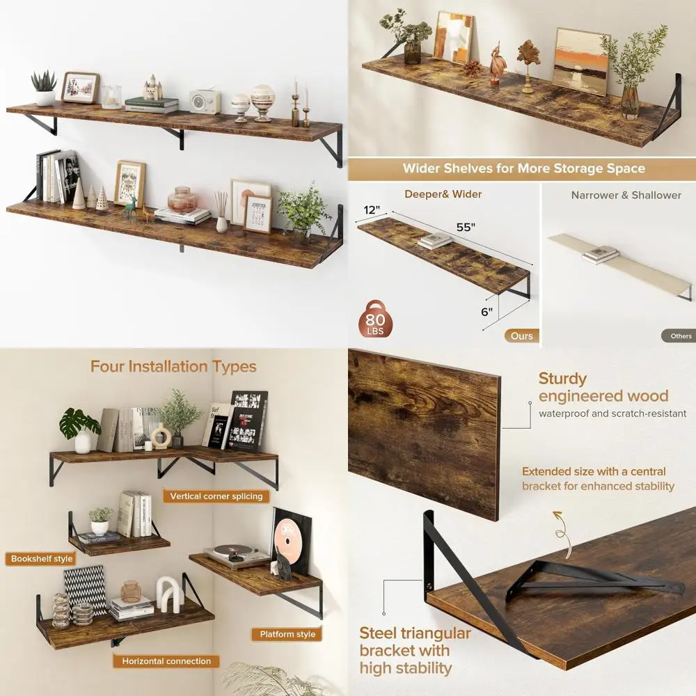 

55 x 12 Wall-Mounted Brown Wooden Shelves Set of 2 for Home Storage & Display
