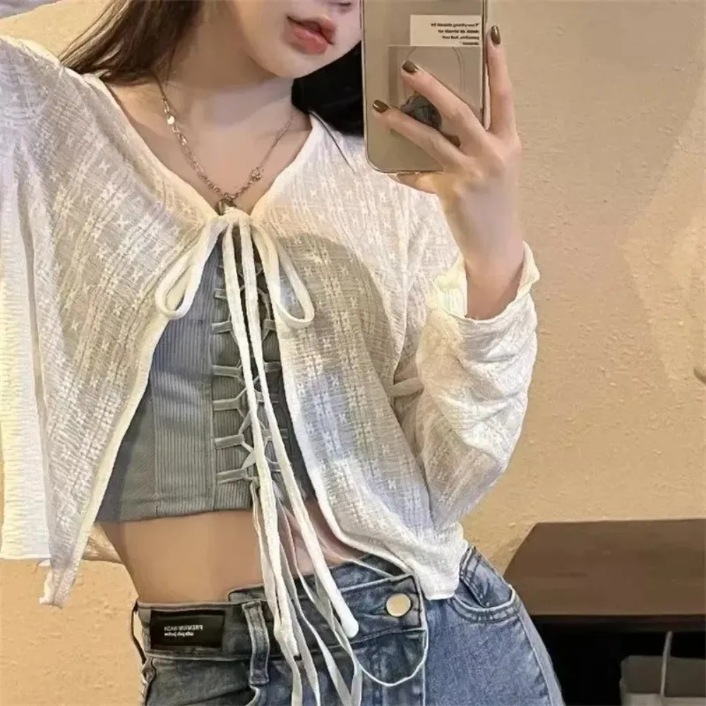 2025 White Tie Up Summer Cardigan Women Sexy Long Sleeve Sheer Mesh Crop Tops Woman Chic All Match Short Printed T Shirt Mujer
