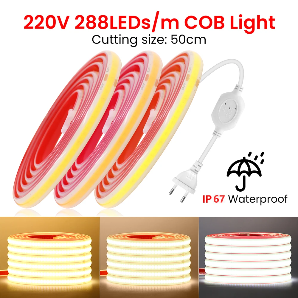 AC 220V 230V COB LED Strip Light Switch EU UK Power Plug 3000K 4000K 6000K 288LED/M Bright Flex Tape Waterproof Linear Lighting