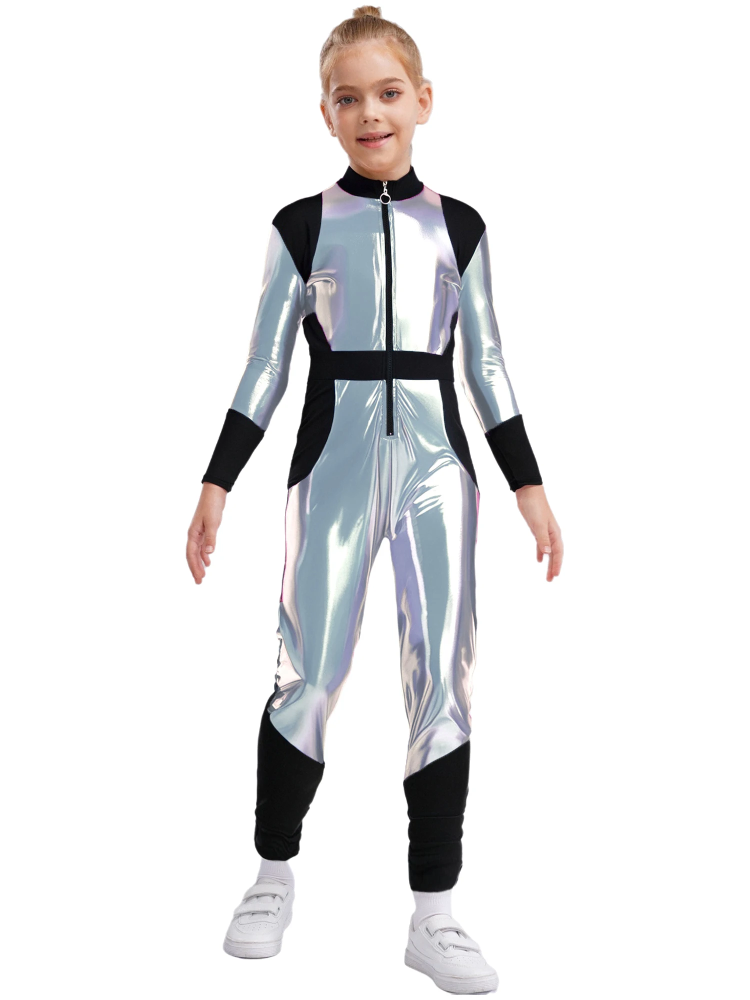 Costume d'extraterrestre pour enfants, tenue de fête à thème de galaxie, de carnaval d'halloween, longue combinaison métallique brillante, robe fantaisie de Robot d'astronaute argenté