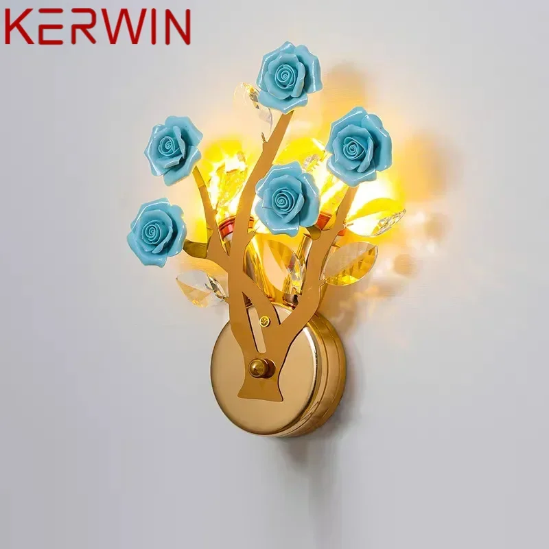 KERWIN Contemporary Crystal Wall lamp Creativity Ceramics Rose Blossoms Living Room Bedroom Girl's room Villa LED Bedside Light