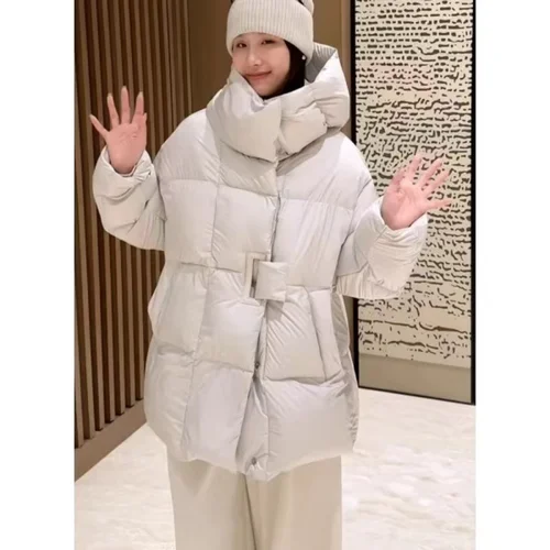 여성용 화이트 덕 다운 재킷, 두꺼운 따뜻한 파카, 루즈한 오버사이즈 퍼 코트, 여성 아웃웨어, 따뜻한 겨울 패션, 2024 