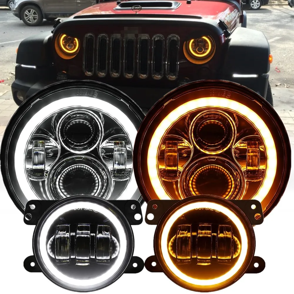 

Car 7Inch Halo Led Headlights For Jeep Wrangler JK 2007-2017 Accessories With 4Inch Front Bumper Fog Lights Combo