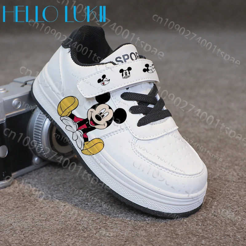 أحذية ميكي ماوس العصرية للأطفال بطباعة الرسوم المتحركة برباط أسود للأولاد والبنات أحذية مريحة صغيرة الحجم هدية