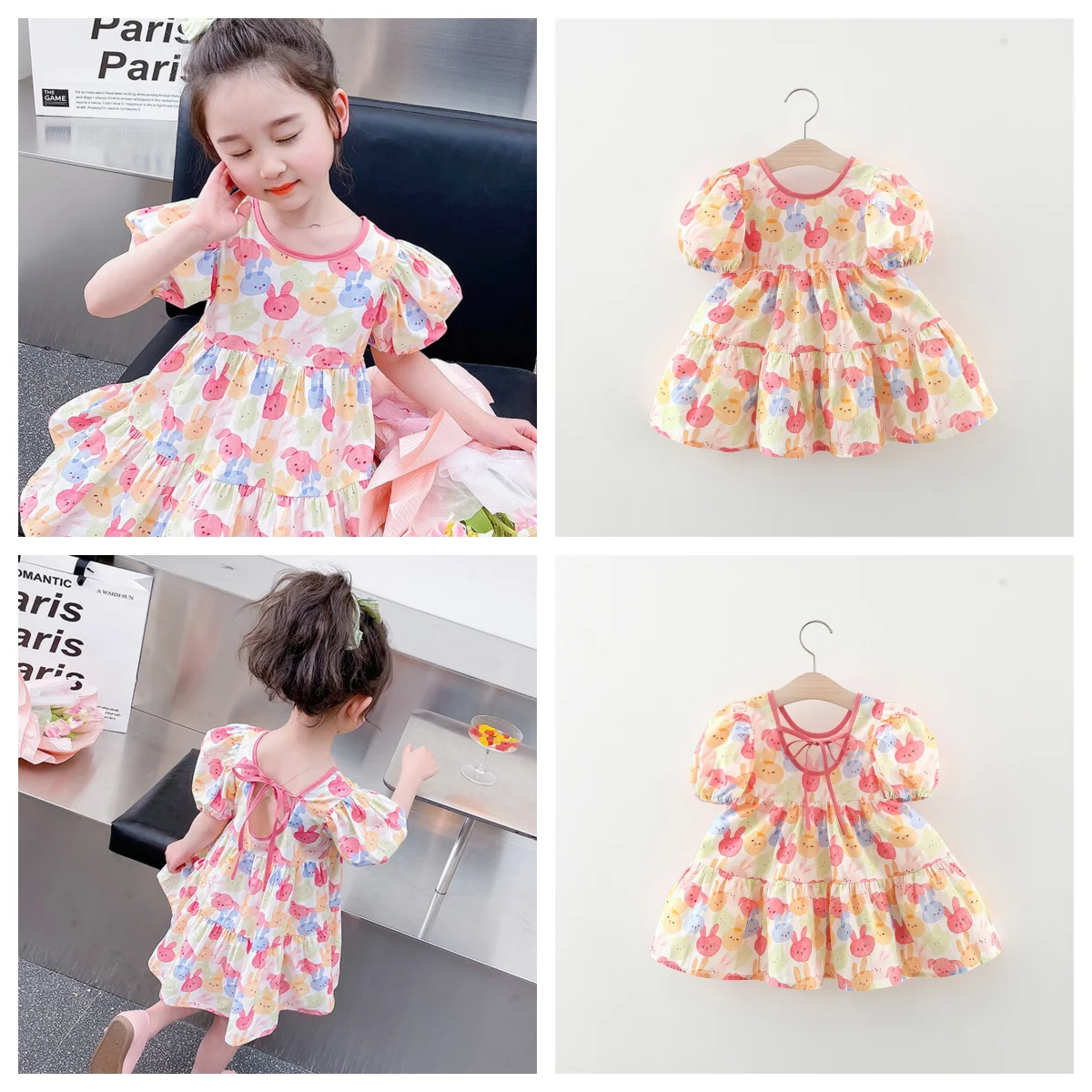 Girl Baby Summer Short Sleeve Cute Dress Colorful Rabbit Print Bubble Sleeve Daily Princess Sweet Children'S Clothing