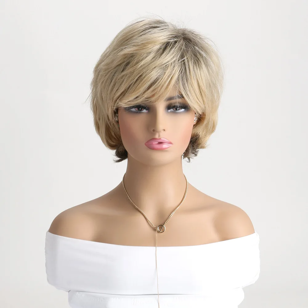 Short Blonde Hair Synthetic Wigs Wave Layered Hair With Fluffy Bangs Pixie Cut Wigs For Women Heat Resistant Fiber Wigs