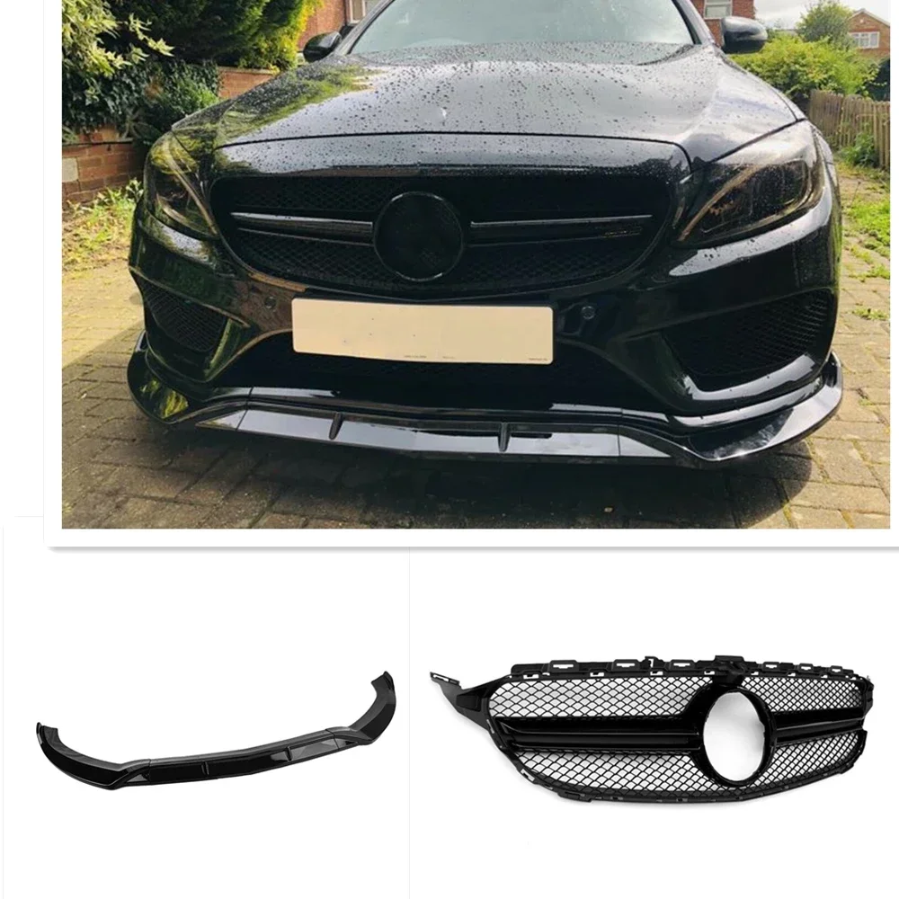 

New！ For Mercedes Benz C-Class W205 Sport Gloss Black Lower Bumper Spoiler Splitter Lip+ Black/Silver Front Hood Mesh Grille Gri