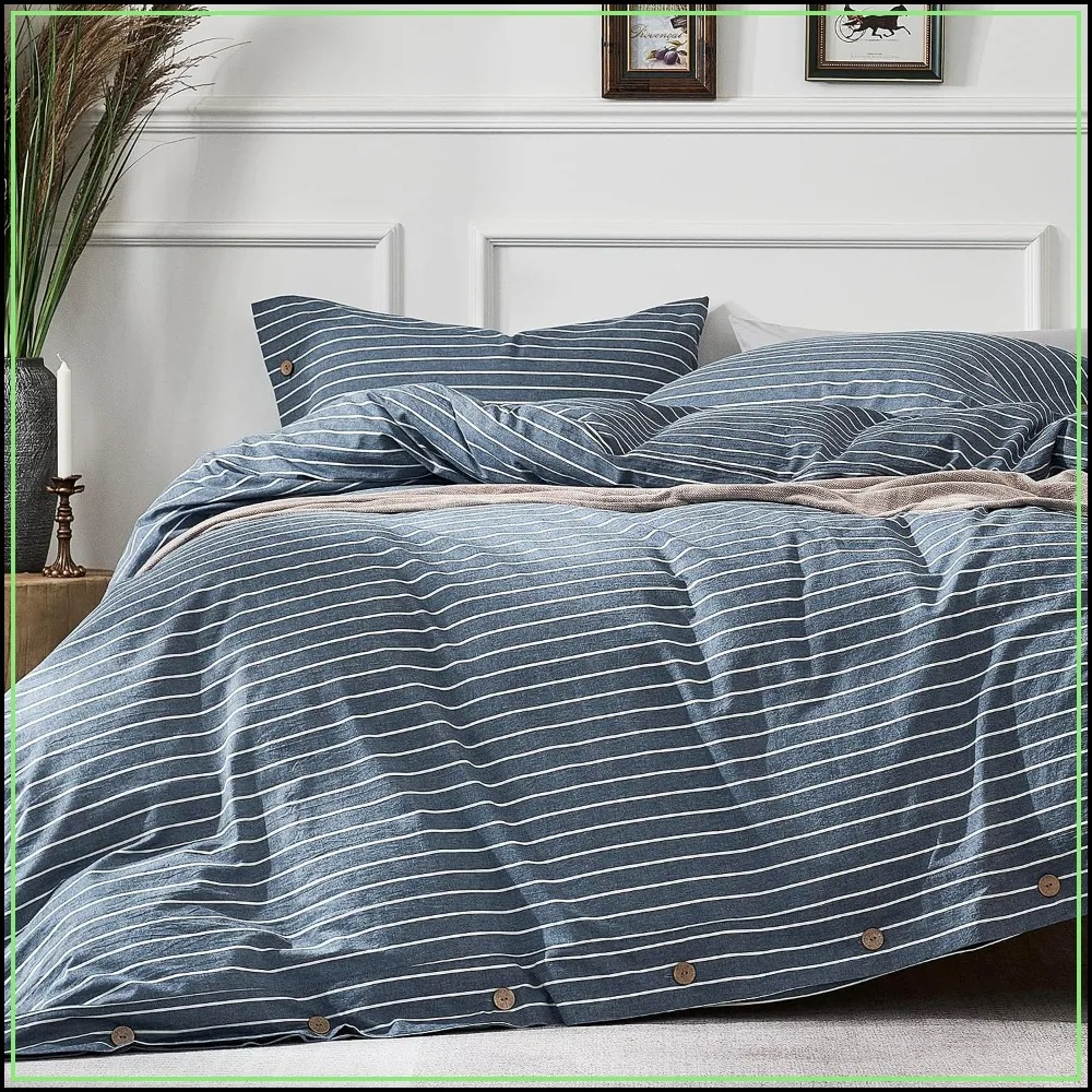 Washed Cotton Striped Duvet Cover Set Full Linen-Like Soft Breathable Bedding