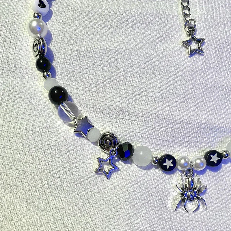 black white spider pendant necklace handmade Y2K