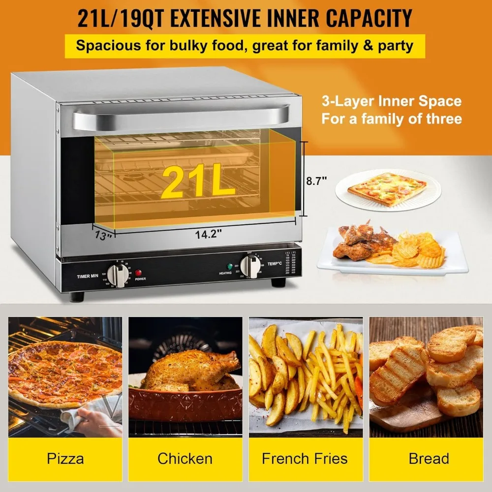 21L/19Qt, encimera de horno convencional de cuarto de tamaño, tostadora de 3 capas de 1440W, puerta frontal de cristal, horno eléctrico de 120V