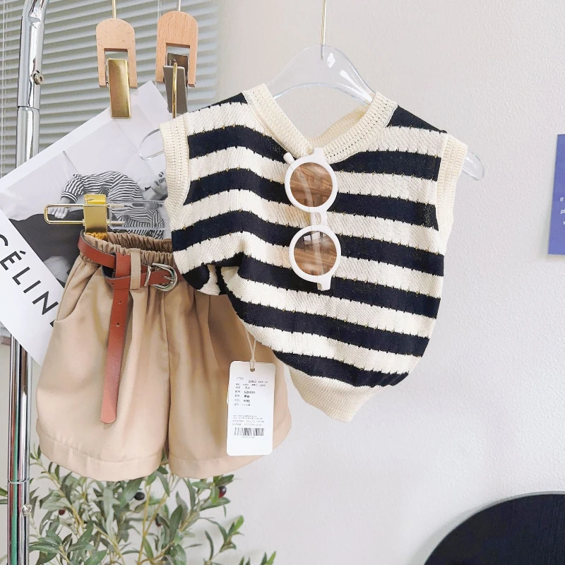 Girls Clothes Sets Summer Knitted Striped Vest+Shorts Fashion Korean Children Casual Clothing Suits Toddler Girl Clothes 2Pcs