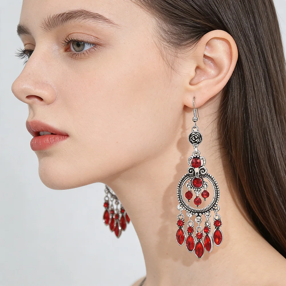 Vintage Ethnic Crystal Tassel Dangle Earrings for Women Elegant Bohemian Hollow Alloy Silver Water Drop Pendant Jewelry Gift