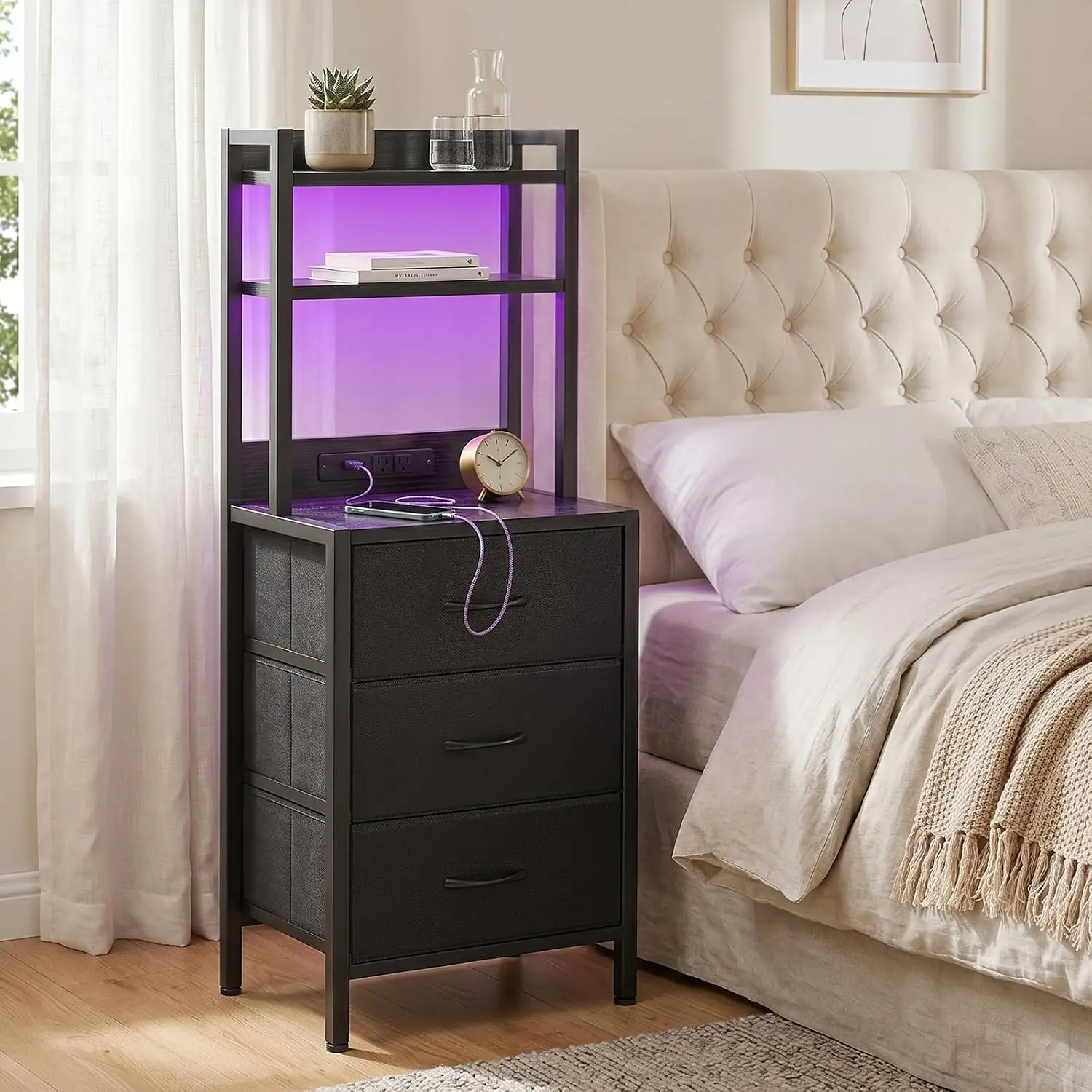 Nightstand for Dorm Use, Featuring a Charging Station, 41-Inch Tall, Black