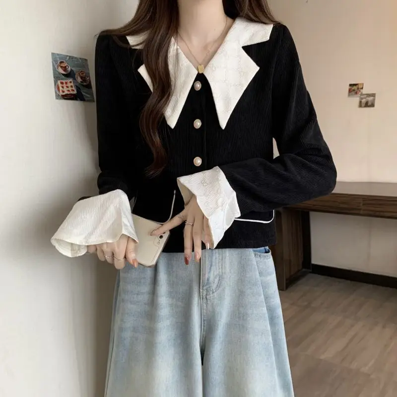 

French Style Contrasting Colors Shirt Autumn Winter Maillard Vintage Women's Clothing Commute Fashion Spliced Long Sleeve Blouse