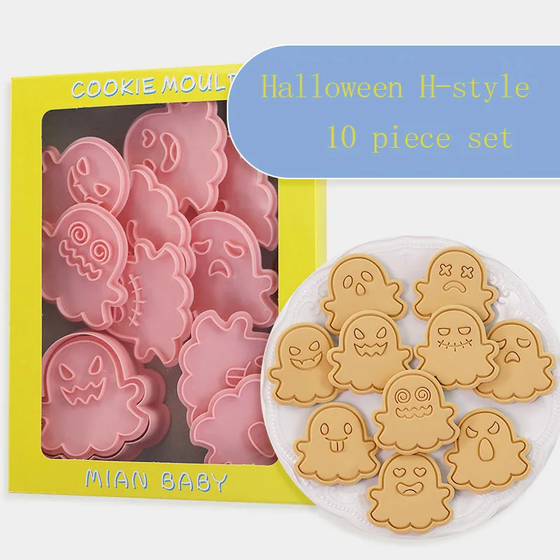 10 Pcs Halloween Cookie Cutting Moulds Ghost Shape Cartoon Pressable Biscuit Mold Cookie Stamp Kitchen Baking Pastry Bakeware