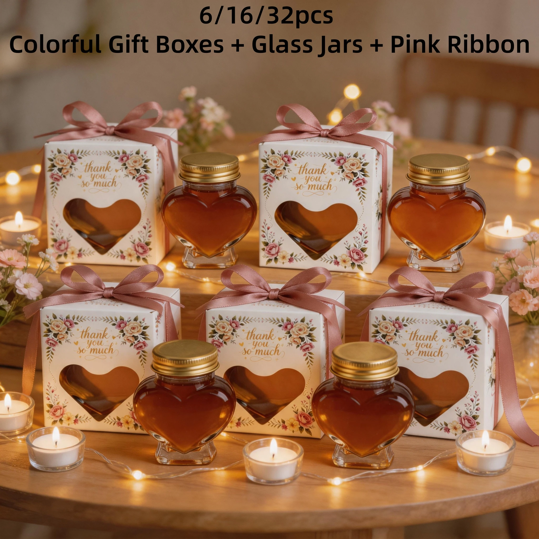 6/16/32Pcs- Mini Holiday Party Favors, Heart-Shaped Glass Honey Jars, Glass Jars with Gift Box Packaging, Can Be Filled with Honey, Ginger Syrup, or Other Liquids, Perfect for Holiday Gifts, Wedding Favors, Baby Shower Favors