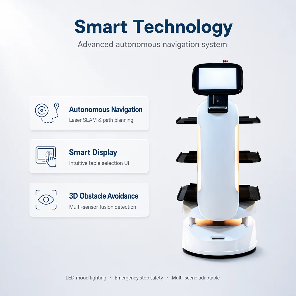 3-Tray Meal Delivery Robot 30kg Capacity, Restaurant Hotel Service Robot, SLAM Navigation 12-24H Battery RGBD Sensor