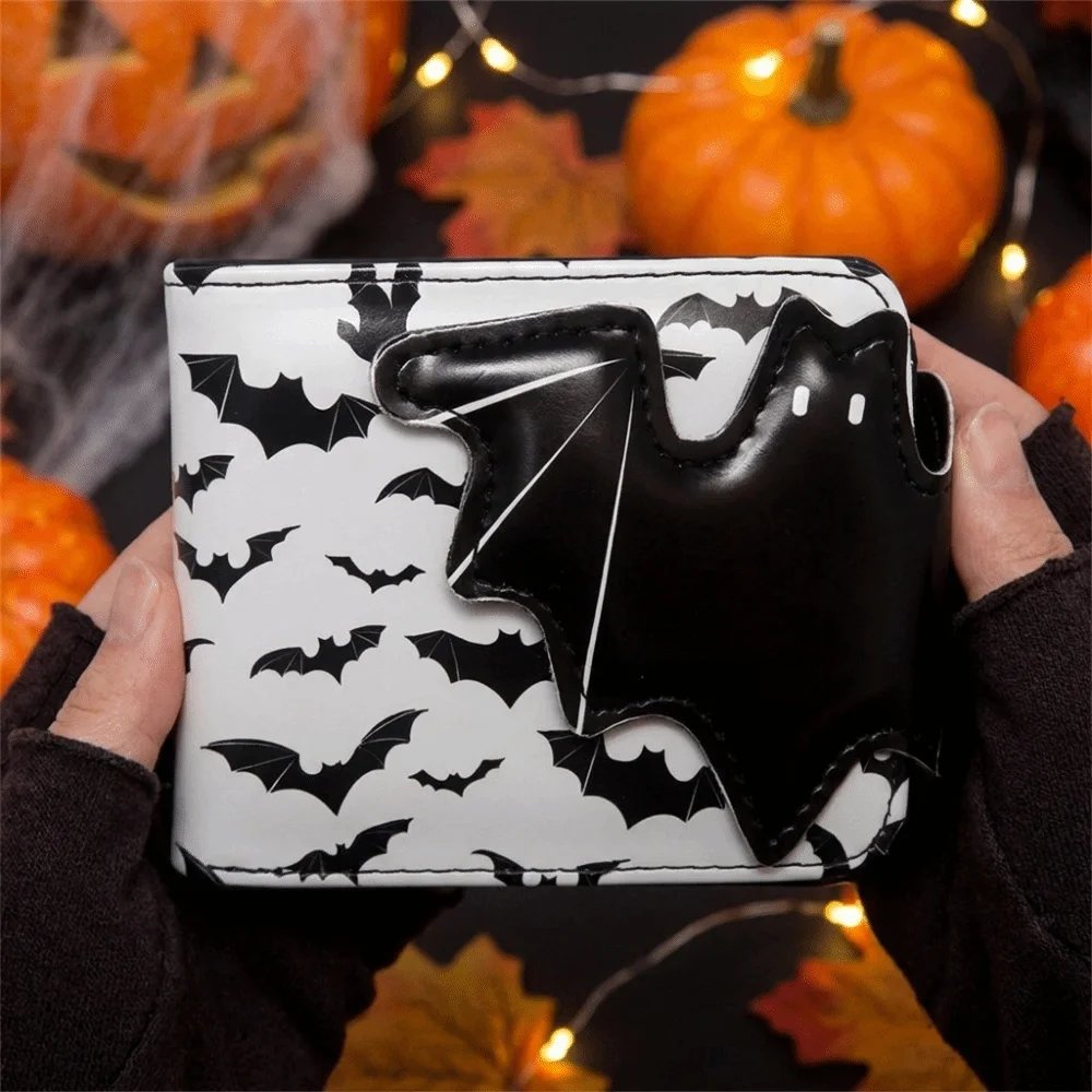 Multi-Functional Bat Ghost Print Wallet Long Strap Buckle Design Foldable Coin Purse Portable Large Capacity