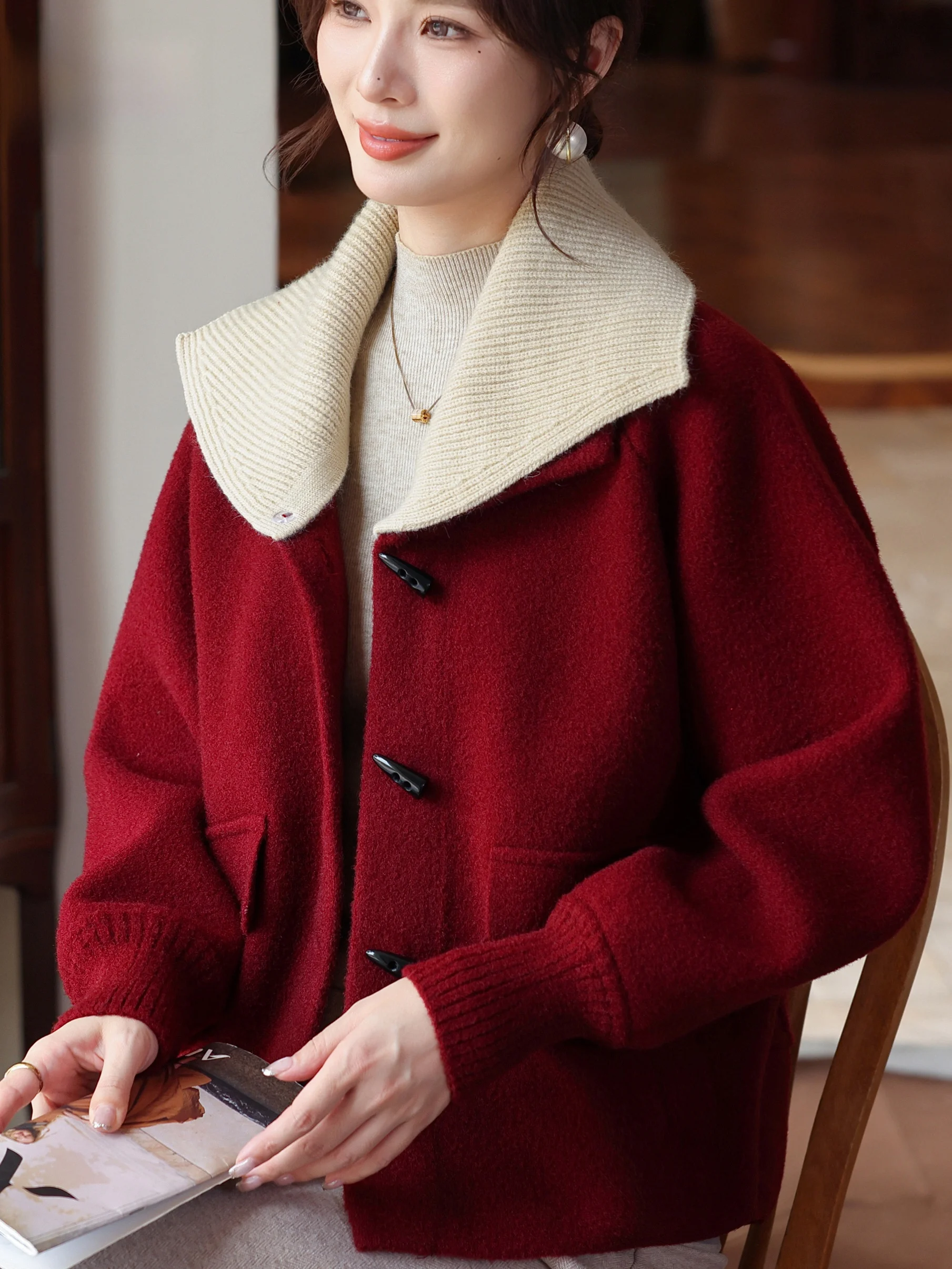 

Autumn Winter ort Sweater Cardigan Detachable Lapel Woolen Coat Women's Buttoned Slimming Versatile Mid-aged Mom's Faion