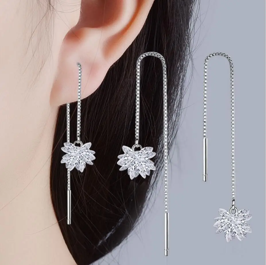 Real. 925 STERLING SILVER Jewelry Pull Through Flower chain Threader Long Earrings Dangle GTLE279