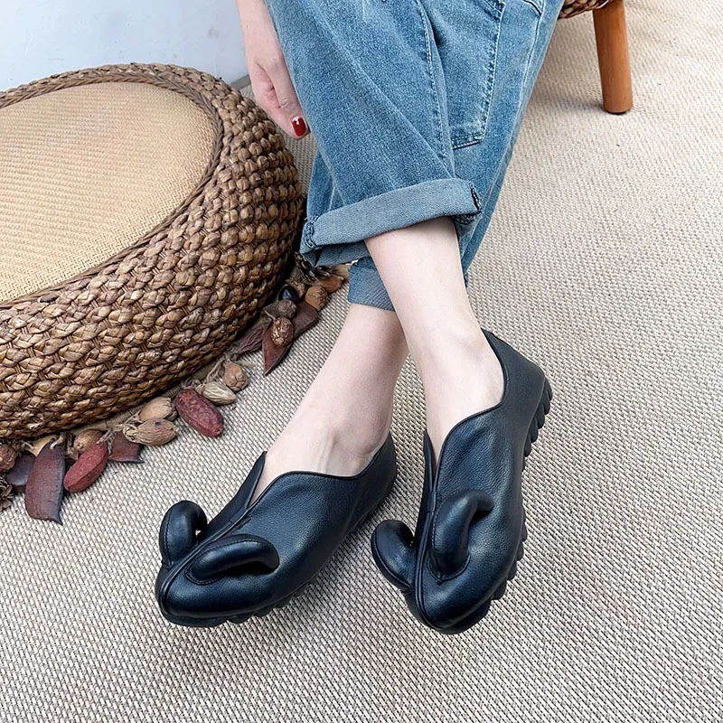 Birkuir Retro Flats Shoes For Women Sheep Horn Loafers Soft Sole Genuine Leather Low Heels Luxury Casual Flat Heel Slip On Shoes