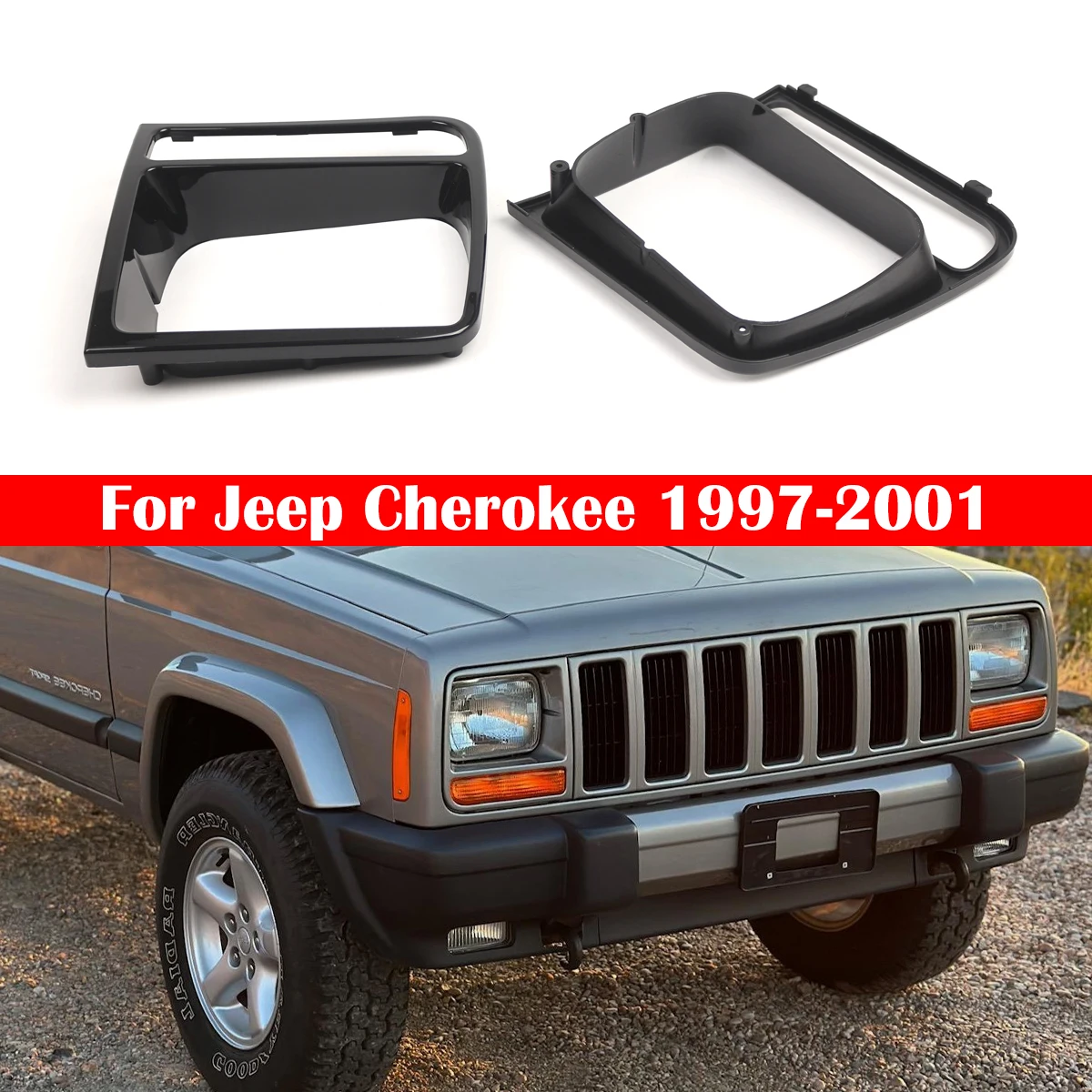 

For Jeep For Cherokee 1997-2001 Pair Car Gloss Black Headlight Exterior Frame Bezel Trim 5EM72SW1, 5EM73SW1 CH2513156，CH2512156