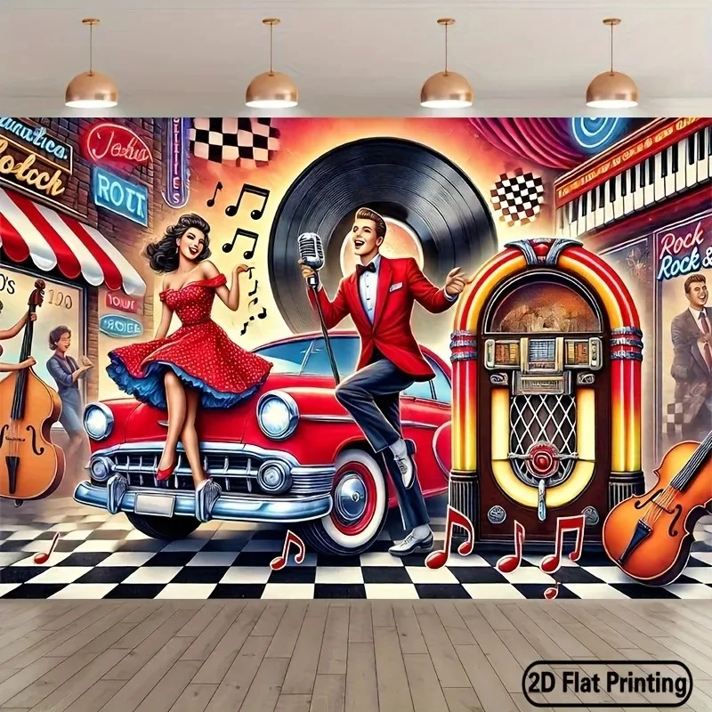 

2D Flat Printed Vintage 1950s Rock And Roll Tapestry Peach Skin Classic Car Jukebox Wall Hanging Americana Retro Party Decor