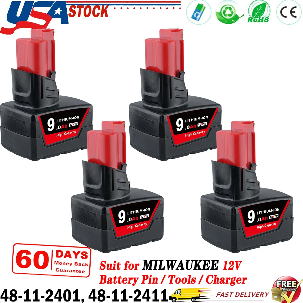 

1/2/4Pcs M12 12V 9.0Ah Replacement for Milwaukee 12V Li-on Battery Pin Compatible with Milwaukee 12Volt Cordless Power Tools
