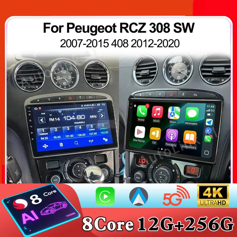 CarPlay Andorid 15 Auto Car Radio For Peugeot RCZ 308 SW 2007-2015 408 2012-2020 Touch Screen Multimedia GPS 2Din Rradio WIFI 4G