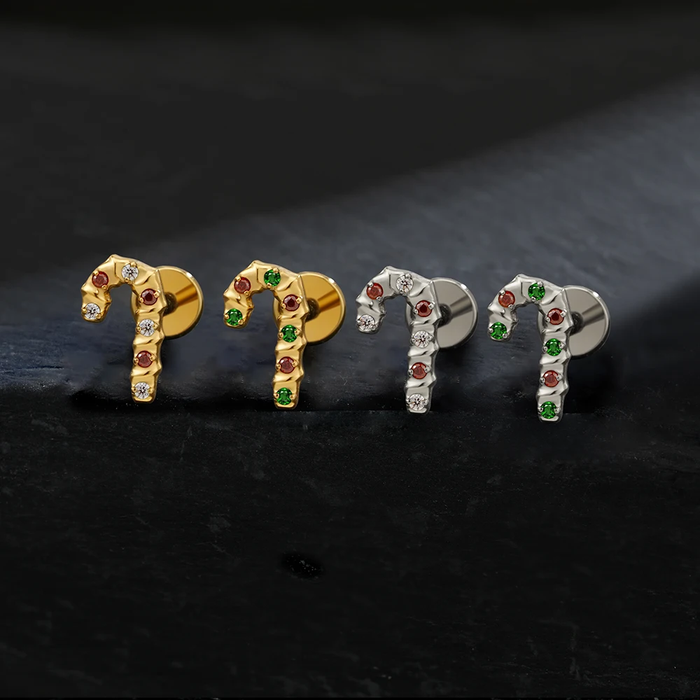 Right Grand ASTM F136 Titanium Christmas Candy Cane Flat Back Earring 16G Cartilage Helix Tragus Lobe Piercing Stud Labret Monroe Jewelry Christmas Gift Jewelry