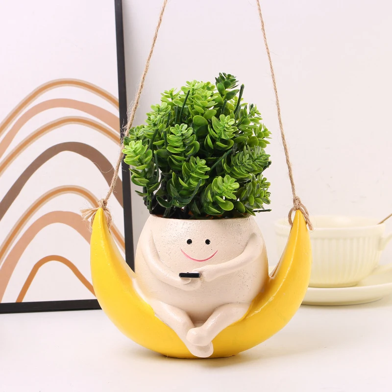 Cute Swing Face Planter Pots Wall Hanging Planters Smile Face Resin Flower Pot Plants Creative Hanging Swing Planter Home Decor