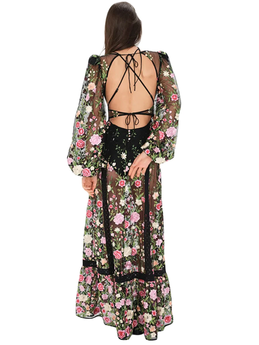 Vrouwen Doorzien Kanten Bloemenjurk Y 2K Doorschijnende Mesh Bodycon Lange Jurk Lange Mouw Cover Up Maxi Jurken