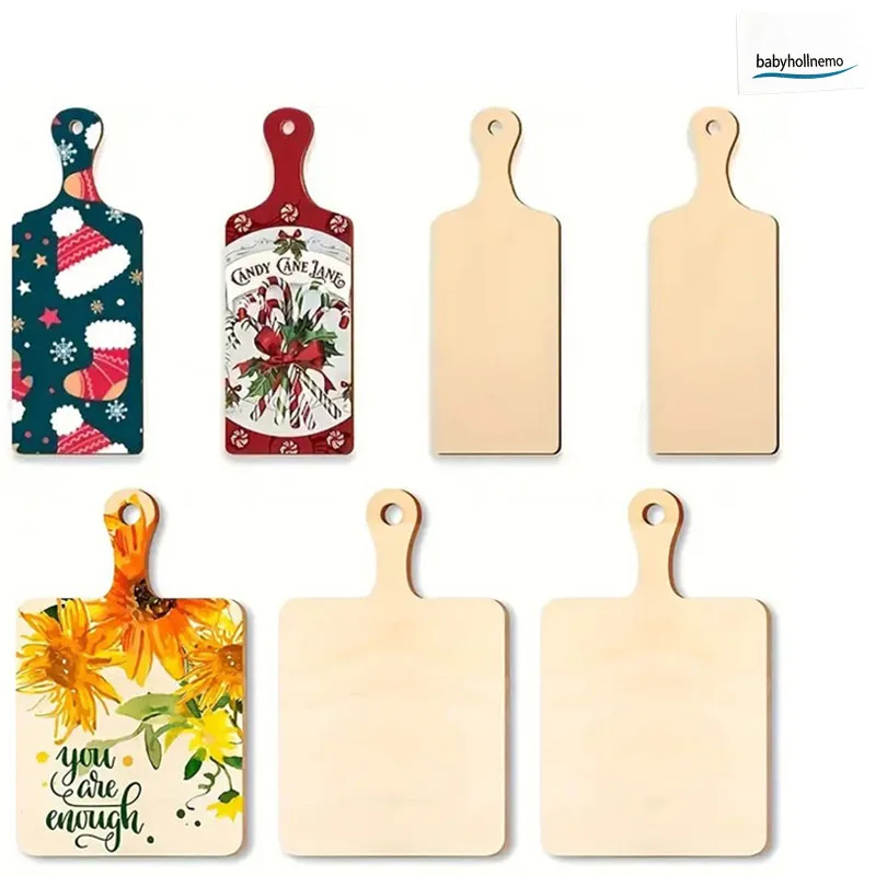 5Pcs Unfinished Blank Wooden Cutting Board With Handle DIY Craft Blanks Custom Print Serving Tray For Christmas  Decor Ornament