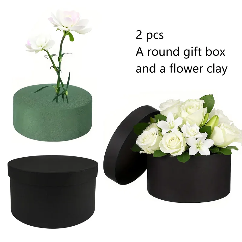 

2Pcs Portable Flower Box+Flower Clay Round Bouquet Hug Bucket Valentine's Day Birthday Party Gifts Candy Cake Flower Shop S006