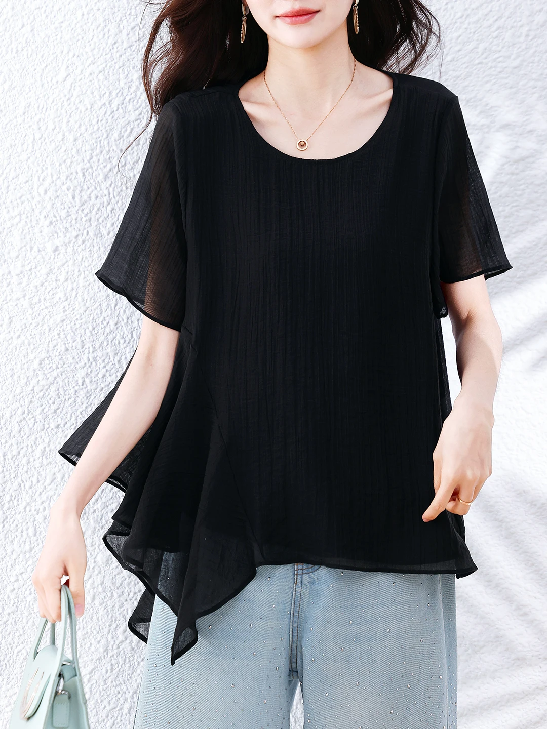 Slimming Effect Pure Color round Neck Large Size Fashion Black Chiffon Cool Feeling Women's T-shirt Summer Casual Style Loose...
