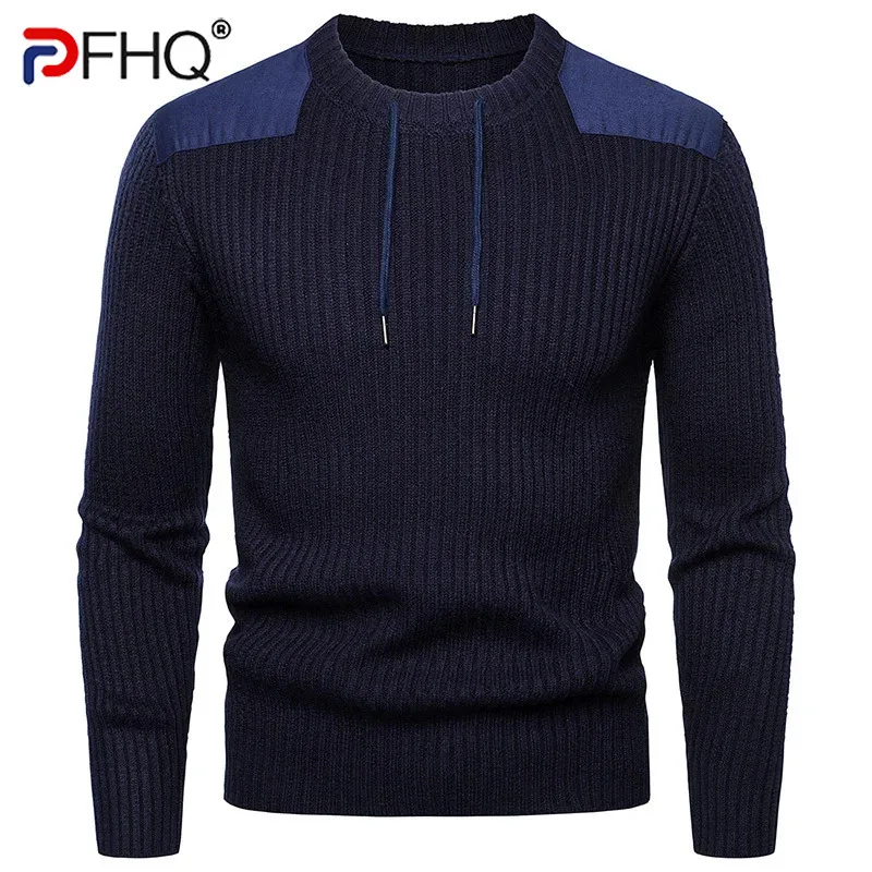 

PFHQ 2024 Autumn Winter Men's Patchwork Pullover Spliced Sweater Drawstring British Knit Contrast Color Male Tops 21Z6671