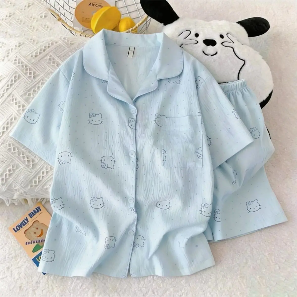

Sanrio Hello Kitty Cotton Pajamas for Women Shorts Short Sleeve Sleepwear Summer Pijama Kawaii Cartoon Negligee Casual Home Suit