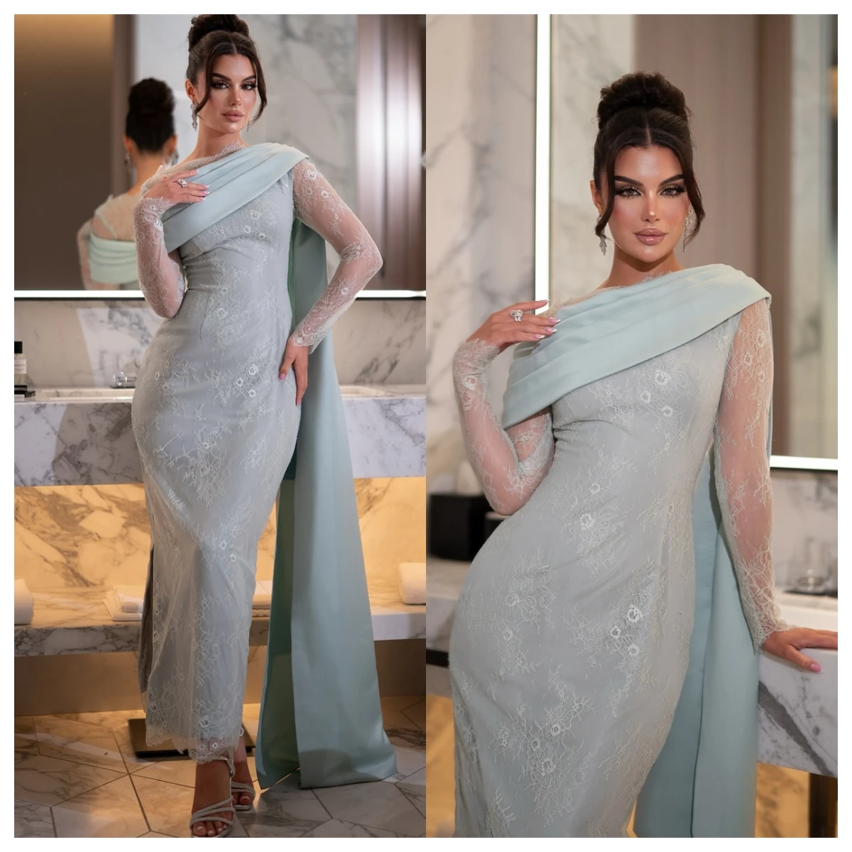 Aangepaste hoge kwaliteit blauwe satijnen avondjurk O-hals lange mouwen celebrity jassen homecoming jurk kant temperament modern