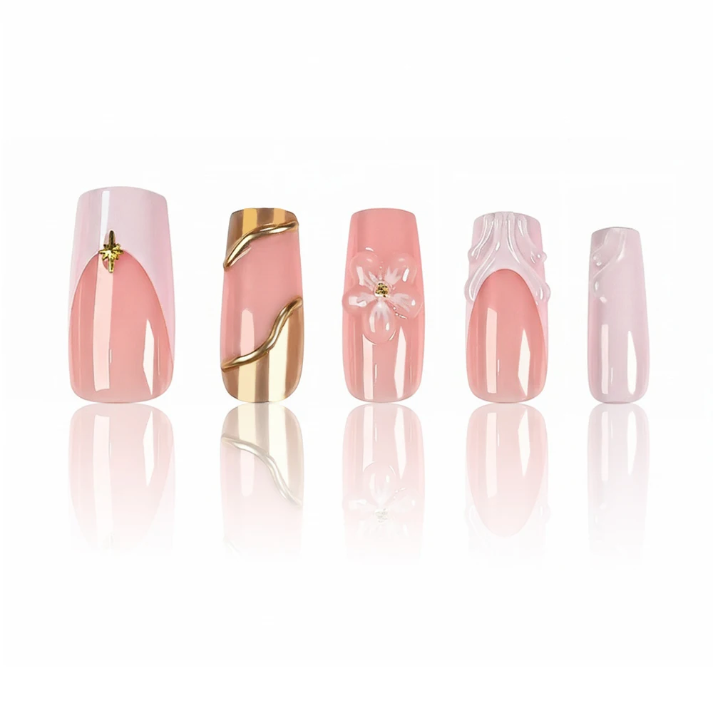 24個入り フレンチフローラルプレスオンネイル 3Dソフトカービングフラワー＆ゴールドラビングミラーパウダー フェイクネイル バレンタインデーフェイクネイル *