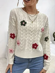 2024 New Wear Cute Flower Pattern Twist Weave Versatile girocollo Pullover maglione lavorato a maglia